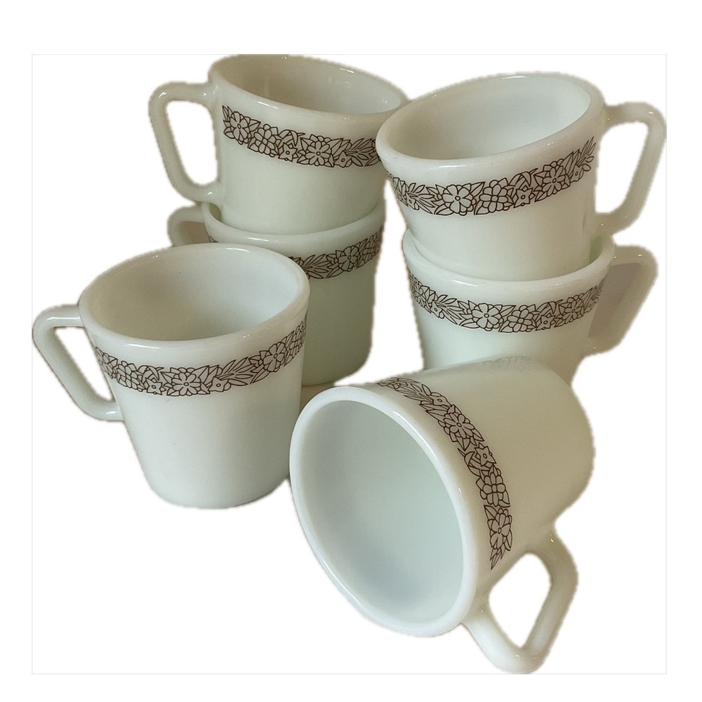 6 Vintage 1970s Pyrex White Milk Glass Woodland Coffee/Tea Mugs
